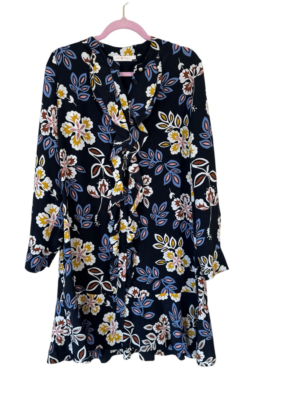 Tory Burch Black Floral Ruffled Mini Dress Womens 14 Boho Luxury Girly Coquette